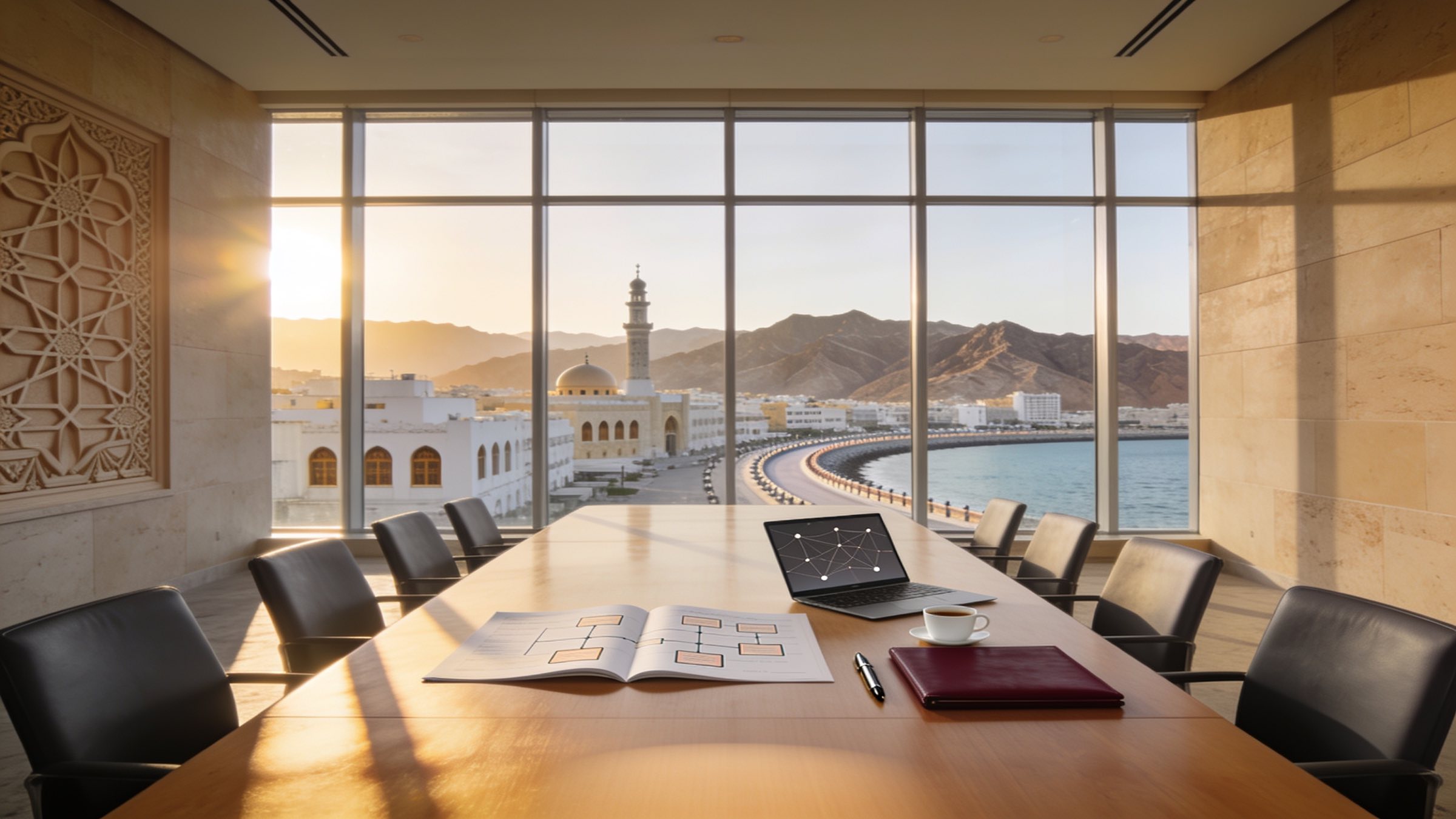 Boardroom overlooking Muscat at sunset, with a process map, laptop and maroon folder on the table