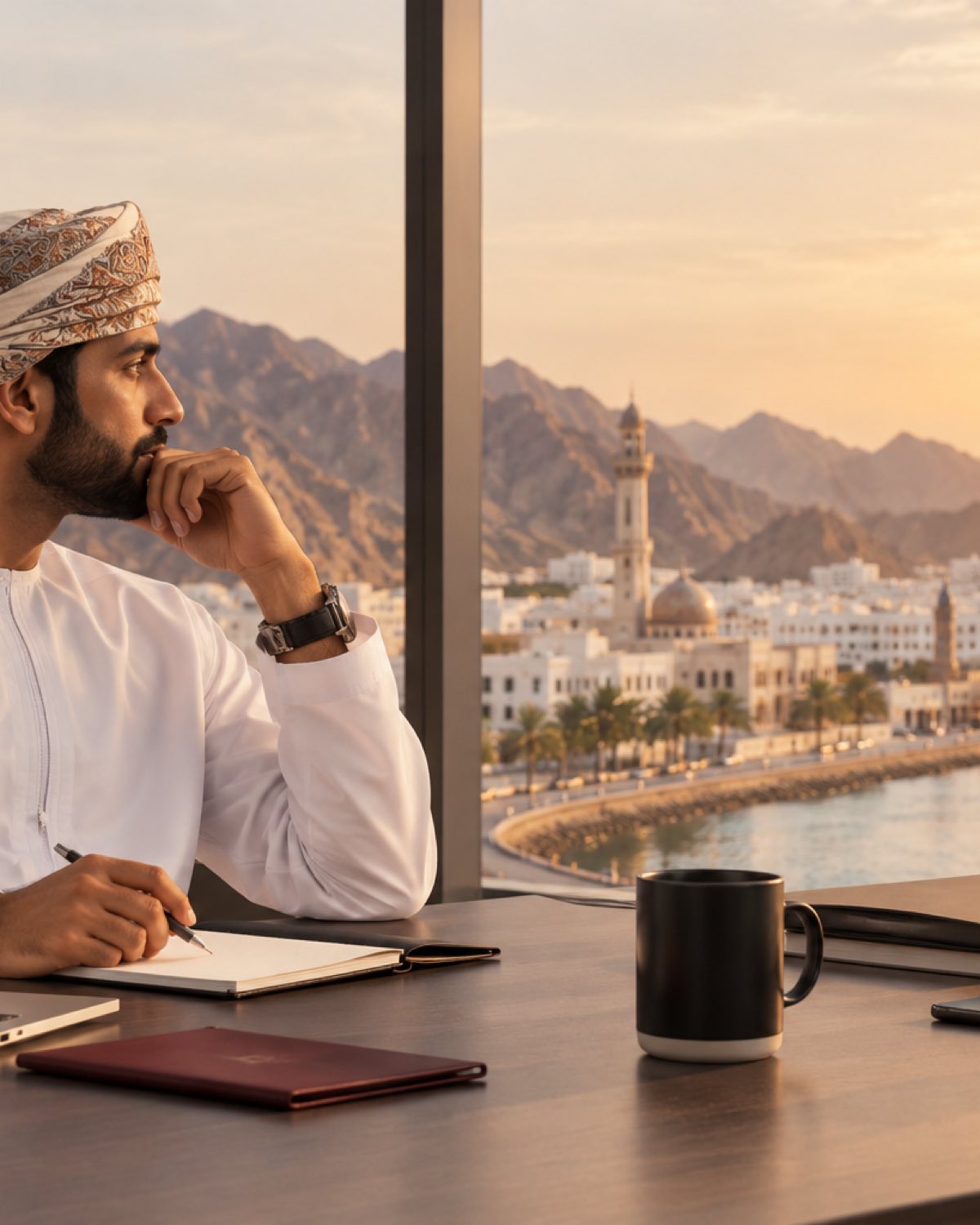 Omani executive at his desk looking out over Muscat