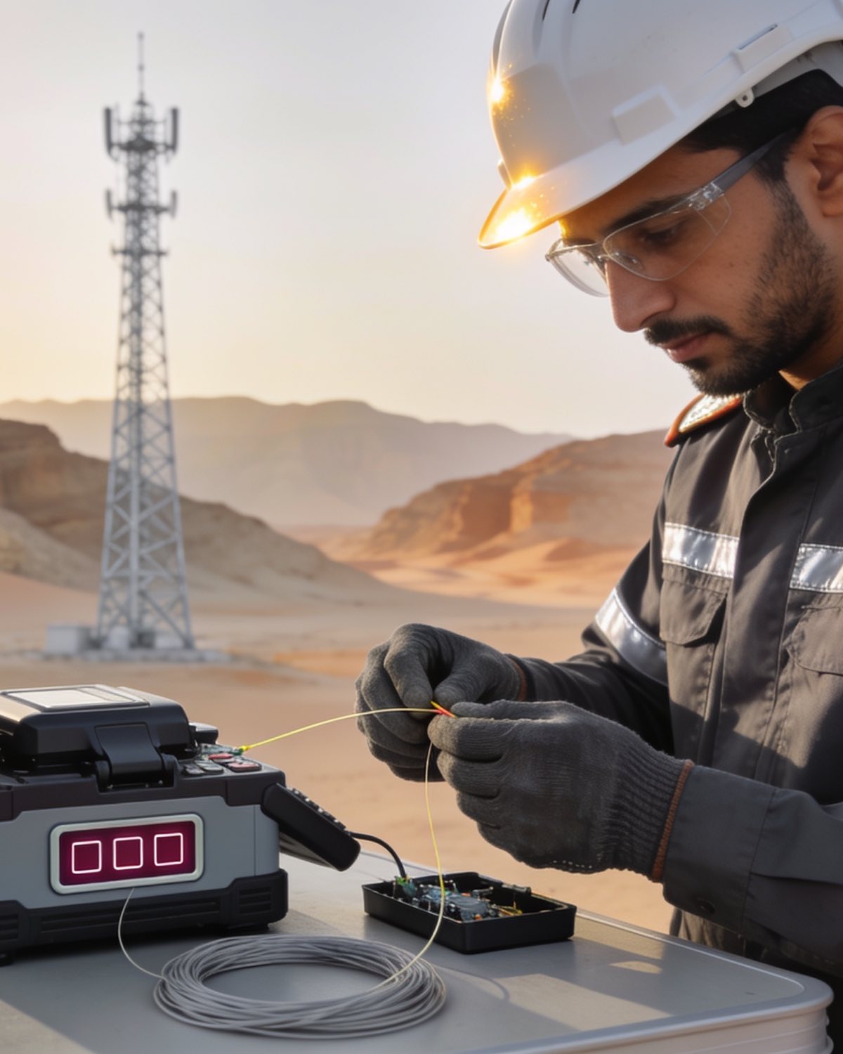 Omani technician splicing fibre in the desert beside a telecom tower