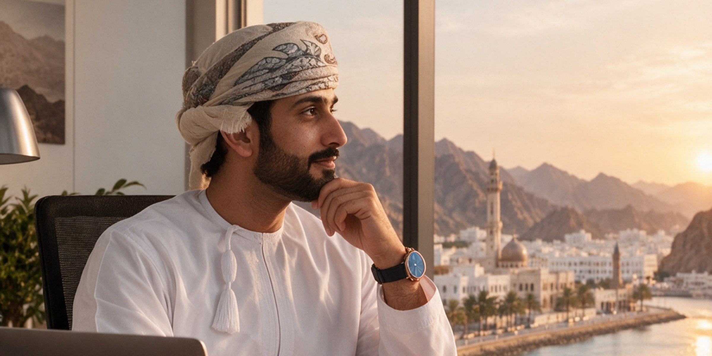Omani executive at his desk, looking out over Muscat at sunset