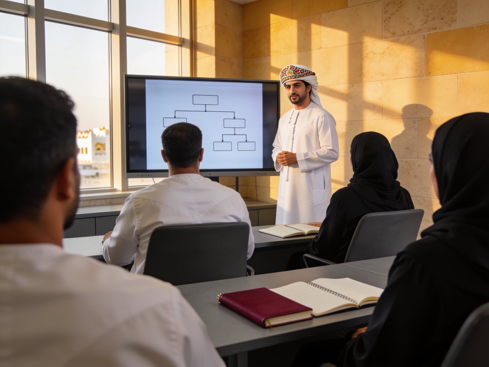 Omani trainer presenting a process chart to a group of attendees