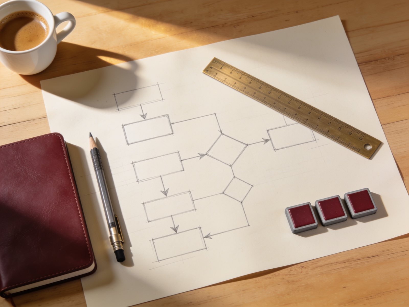 Hand-drawn business process flowchart on a desk with a ruler, pencil and maroon notebook