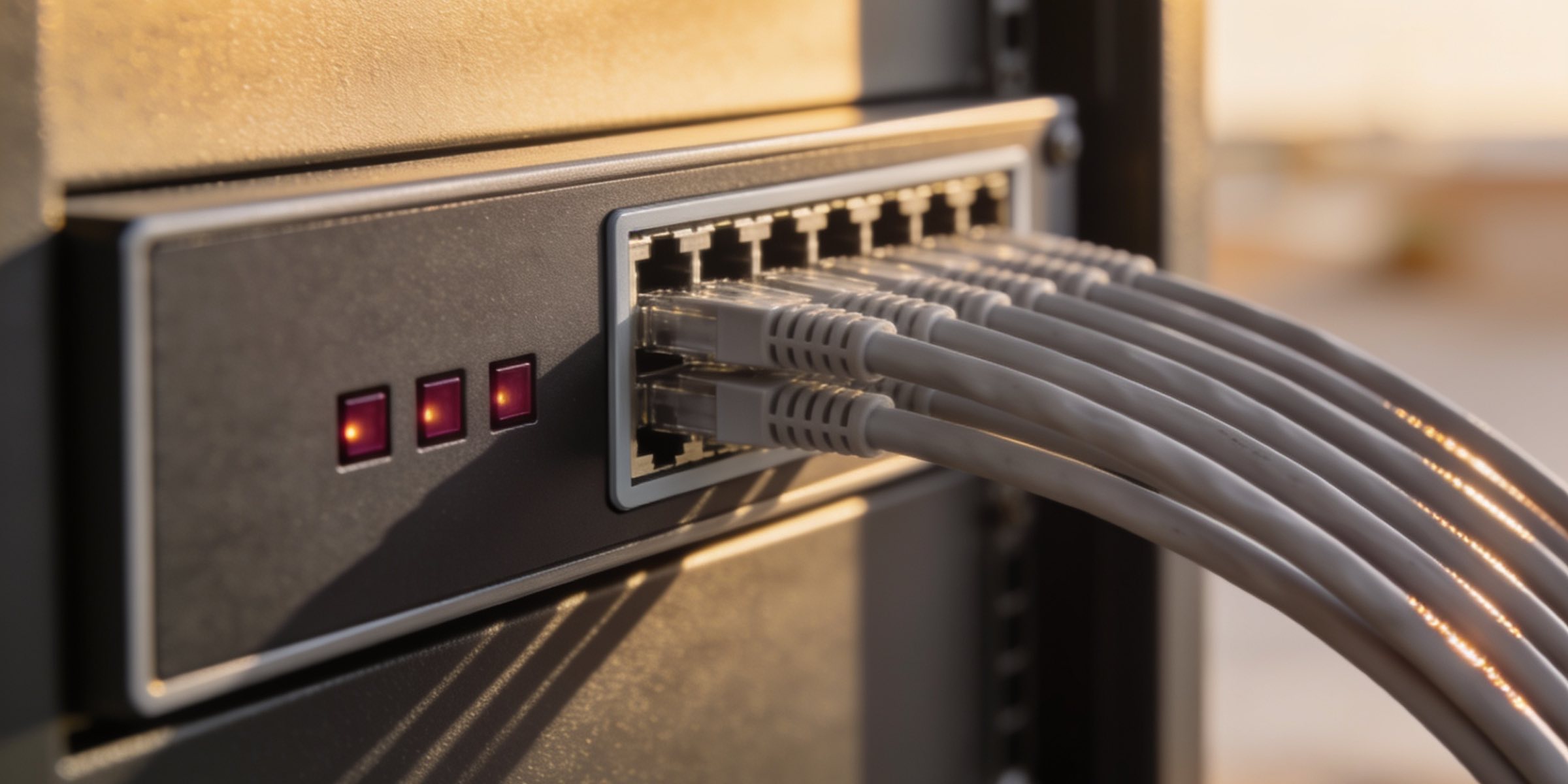 Network cabinet with neatly organised patch cables and three maroon status lights
