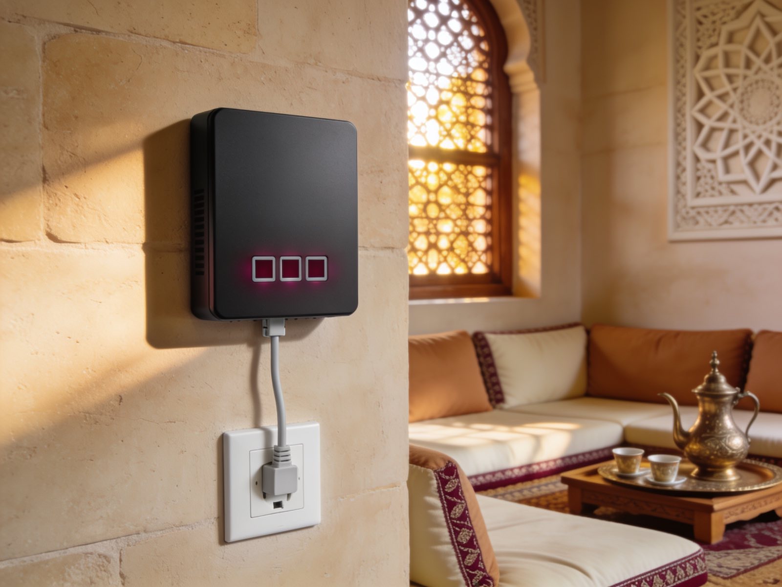 Fibre home router with three maroon status lights in an Omani majlis