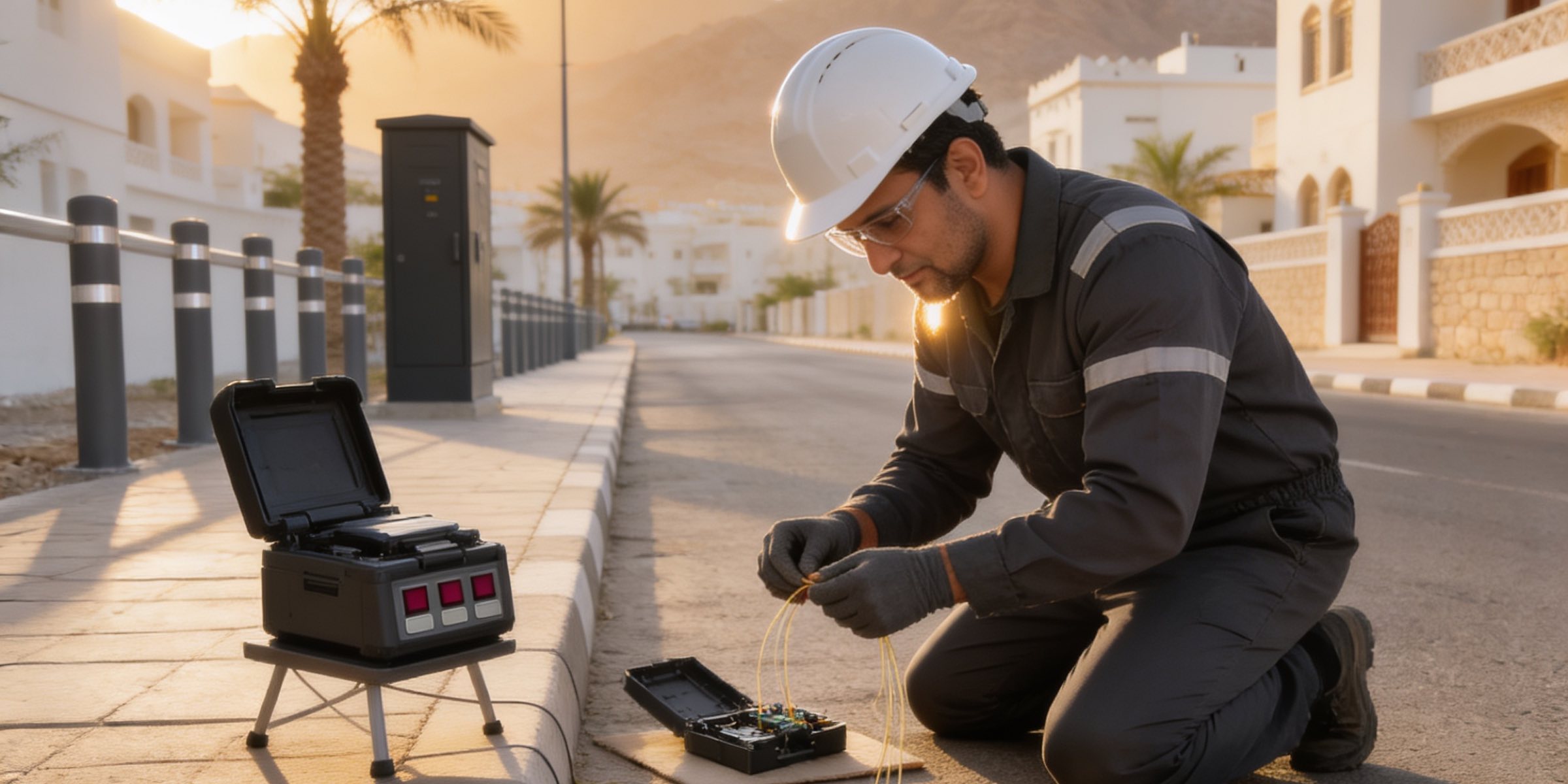 Al-Jadarah technician splicing fibre at an open chamber on a Muscat street