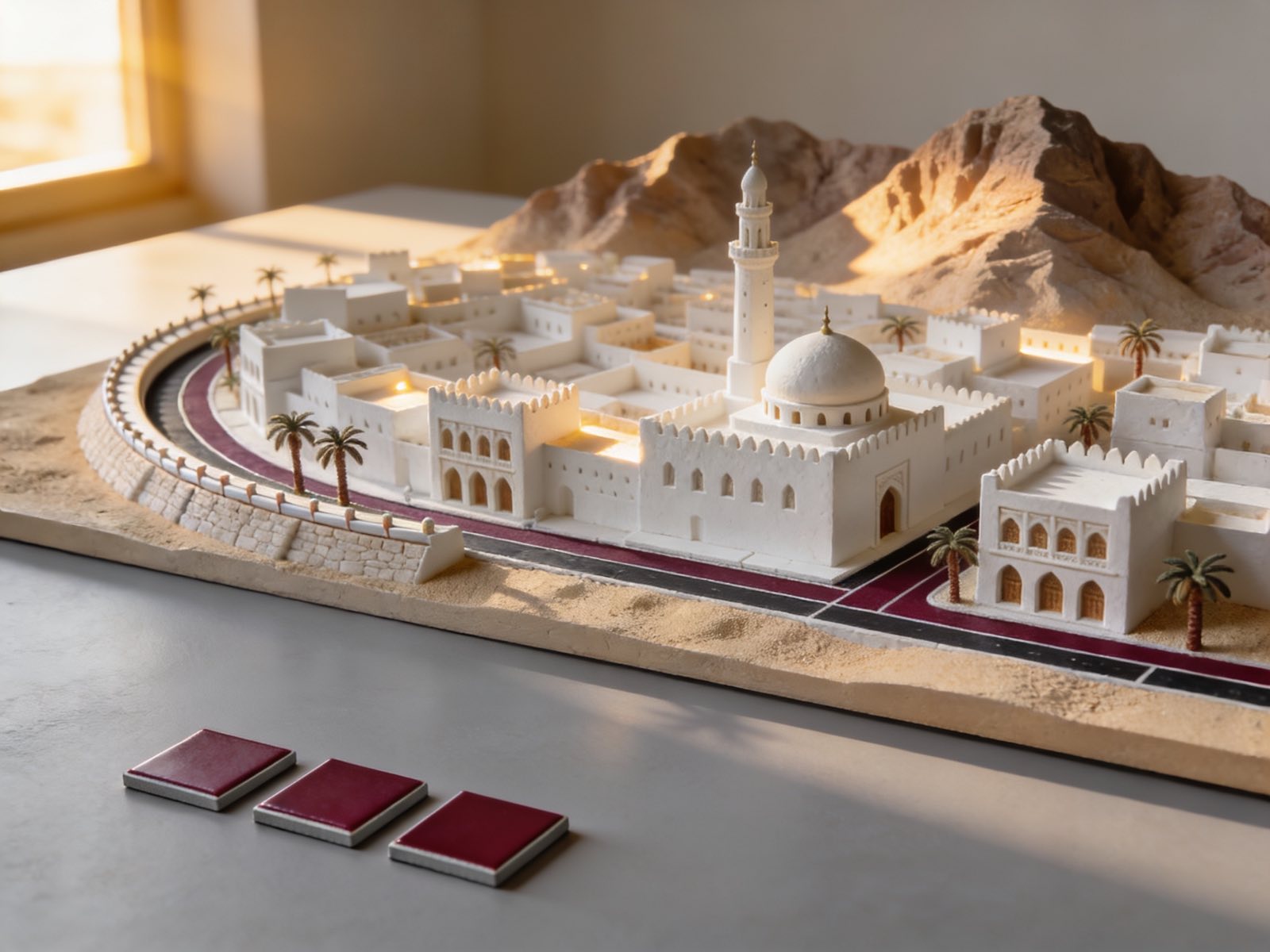 Scale model of Muscat with planned fibre routes marked in maroon