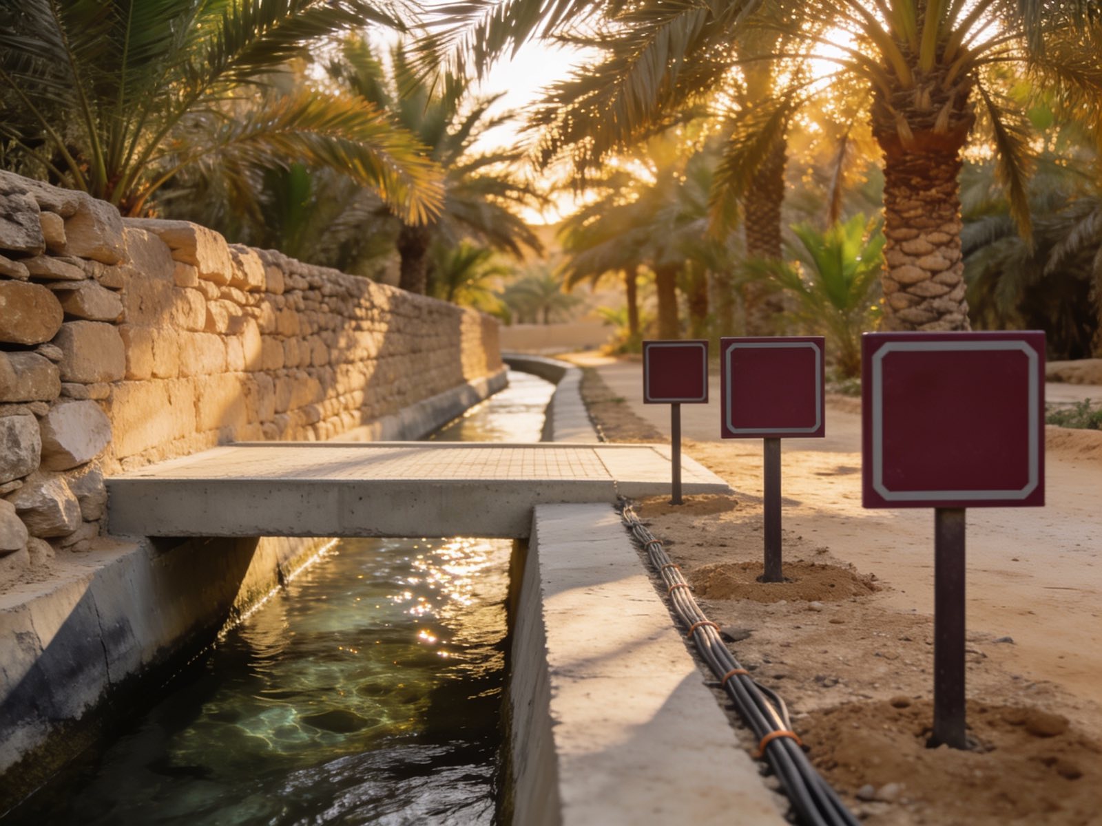 Fibre route crossing a traditional falaj irrigation channel among date palms