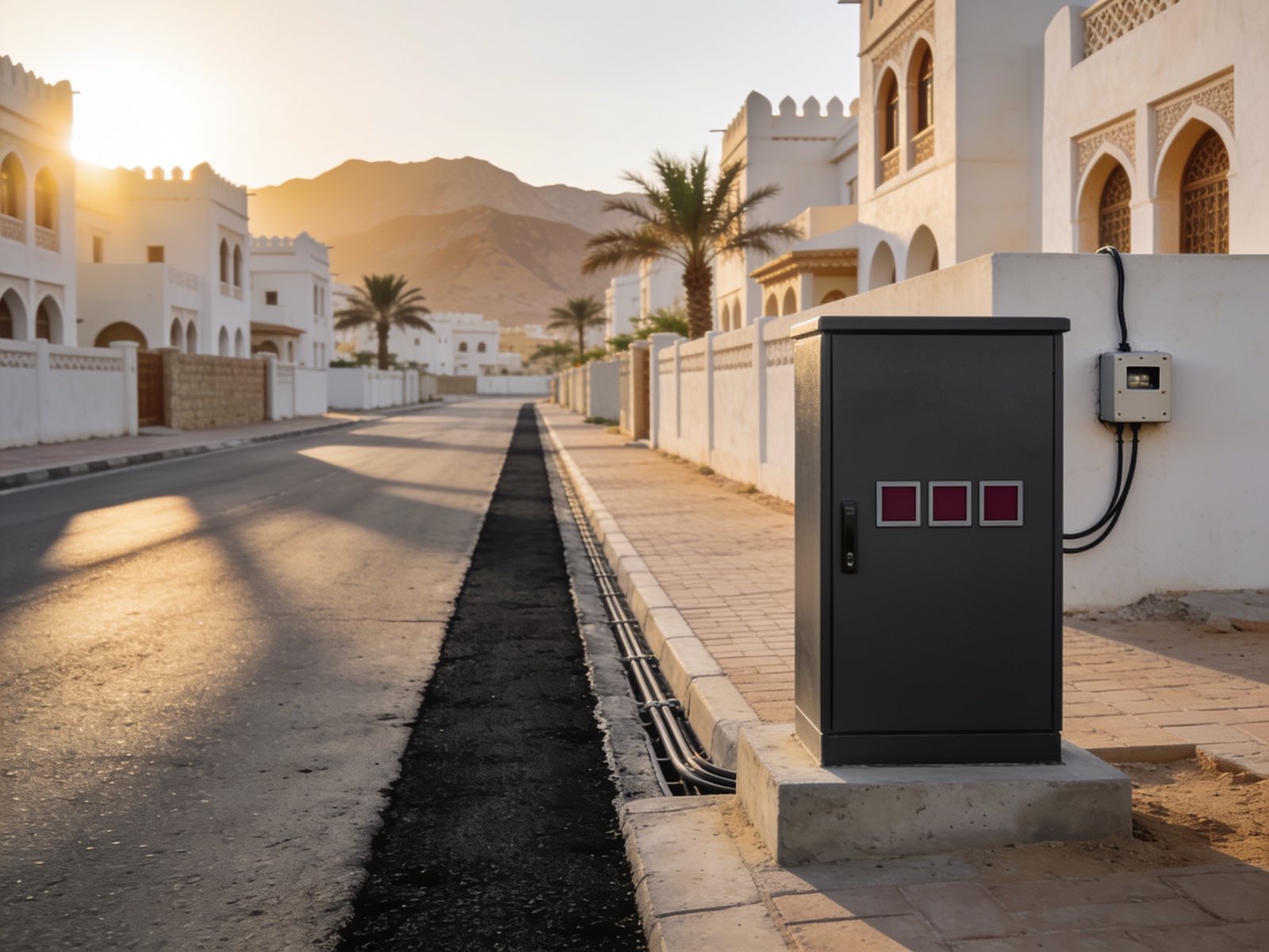 Fibre street cabinet and reinstated route along an Omani residential street