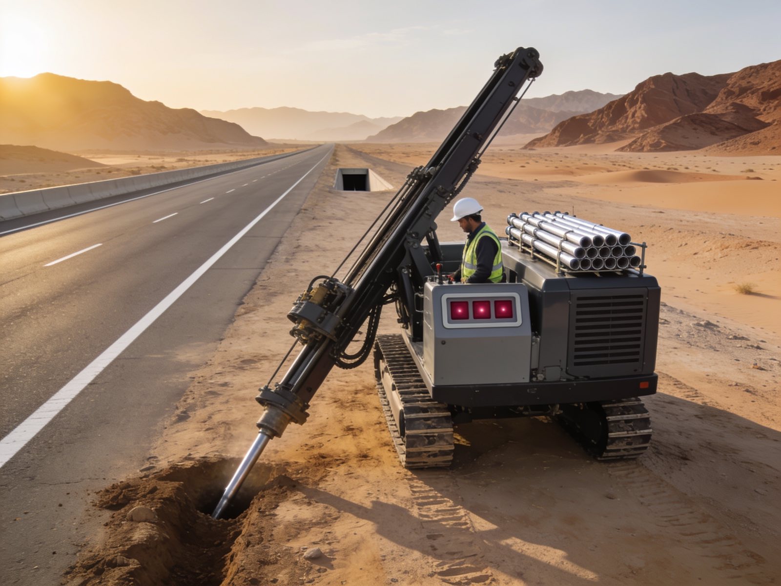 Directional drilling rig working beside a highway without cutting the road
