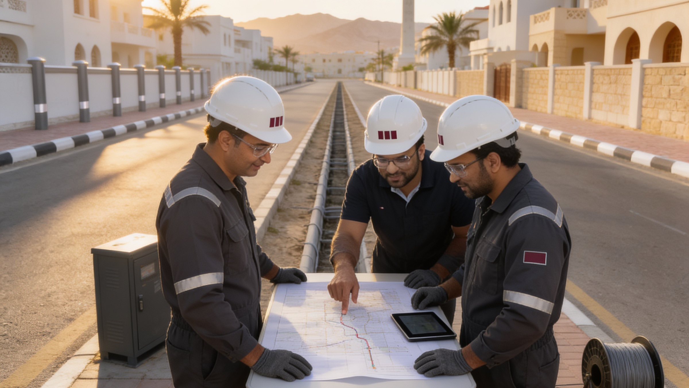 Al-Jadarah engineers reviewing a fibre route plan on a city street in Muscat