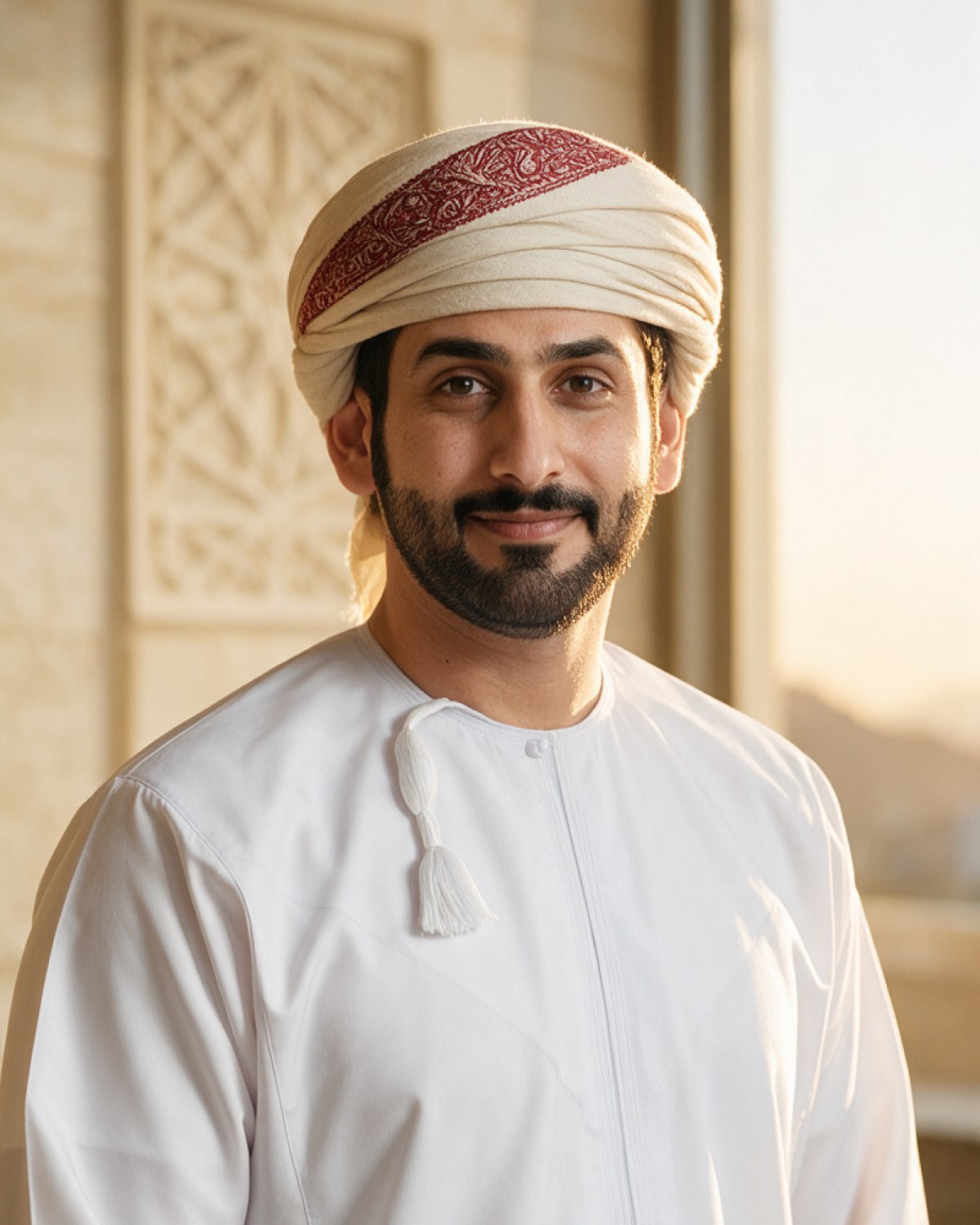 Al-Jadarah team member in a white dishdasha and embroidered massar