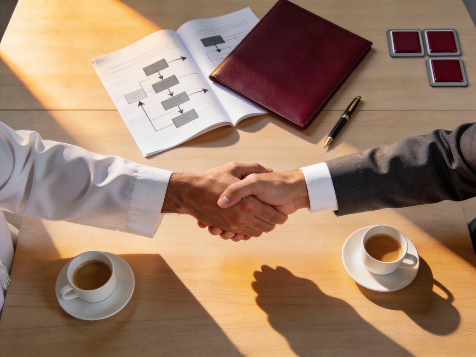 Omani businessman and executive shaking hands over a process map, seen from above